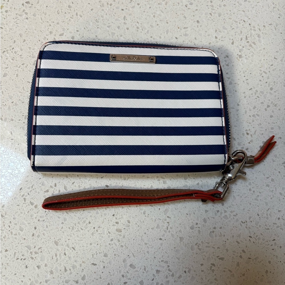 STELLA & DOT Chelsea Tech Navy White Stripe Wristlet Wallet Clutch